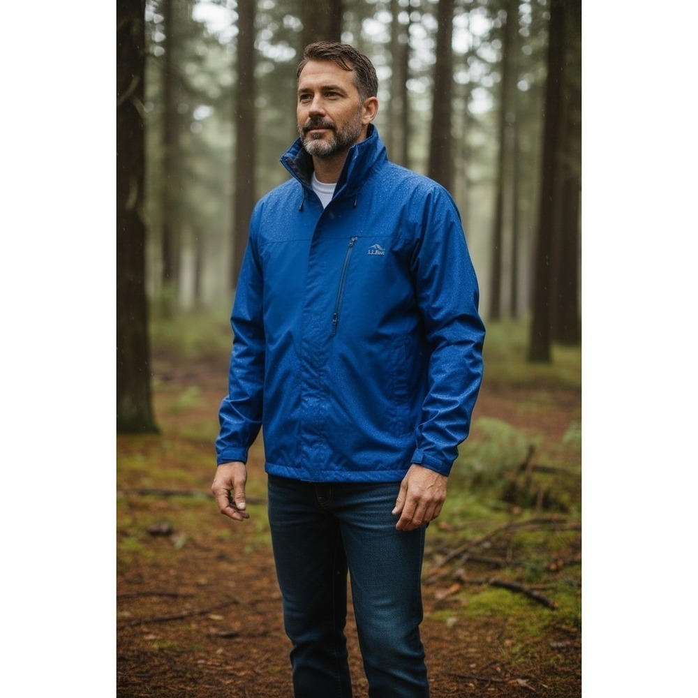 LL Bean Mens Trail Model Rain Jacket Blue Hooded Waterproof Windbreaker Shell L